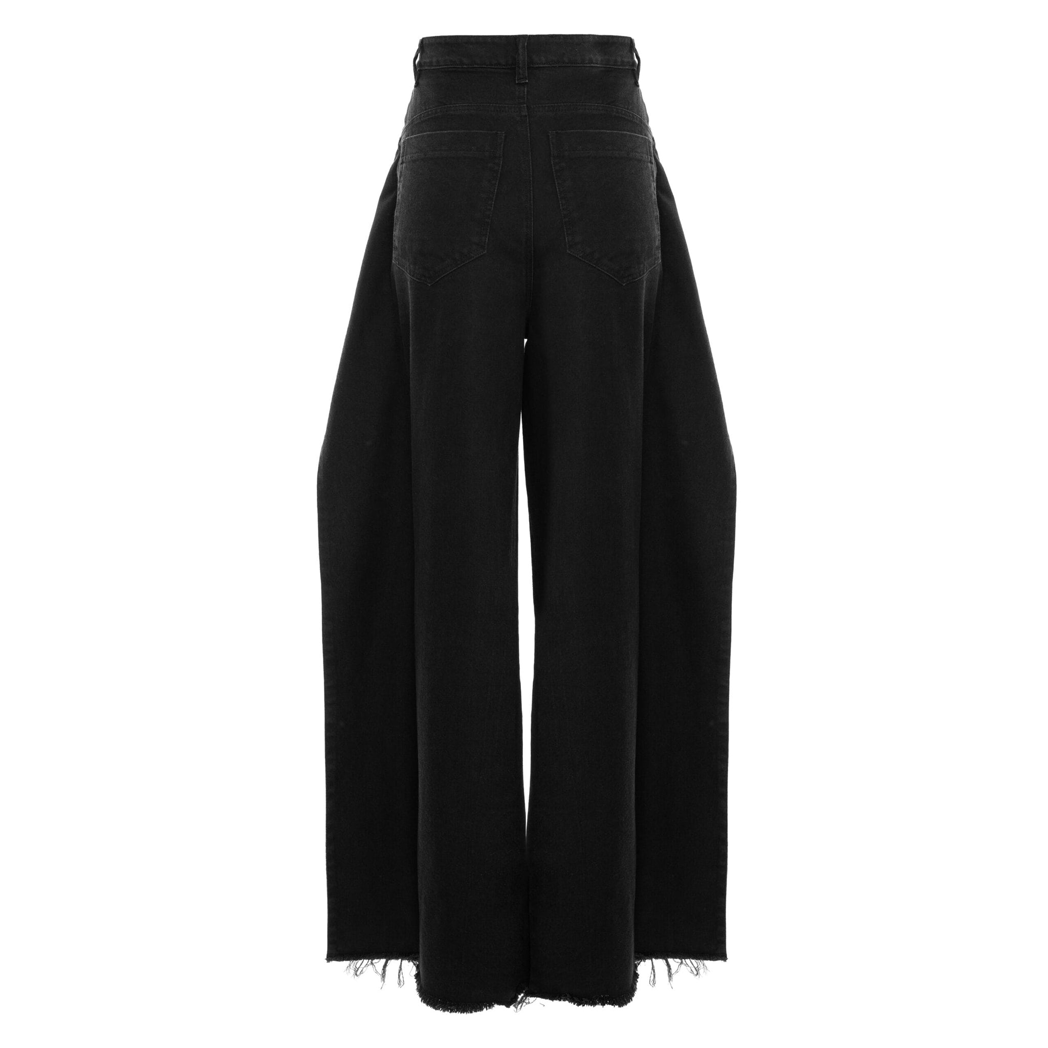 Black wide-leg cropped jeans with a high waist and frayed hems, shown from the back on a white background.