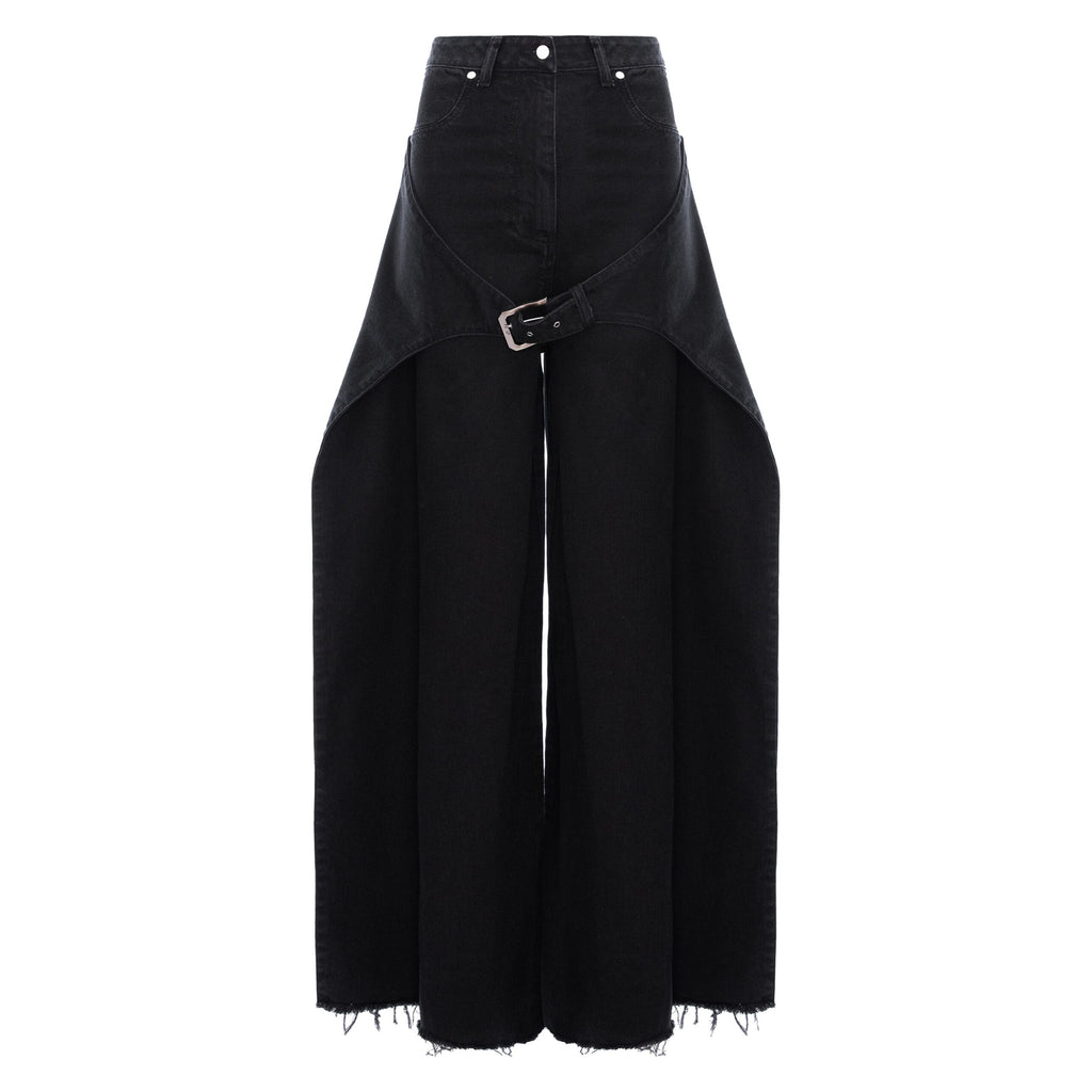 Black wide-leg cropped jeans with a unique wrap-around belt detail and a silver buckle, shown against a plain white background.