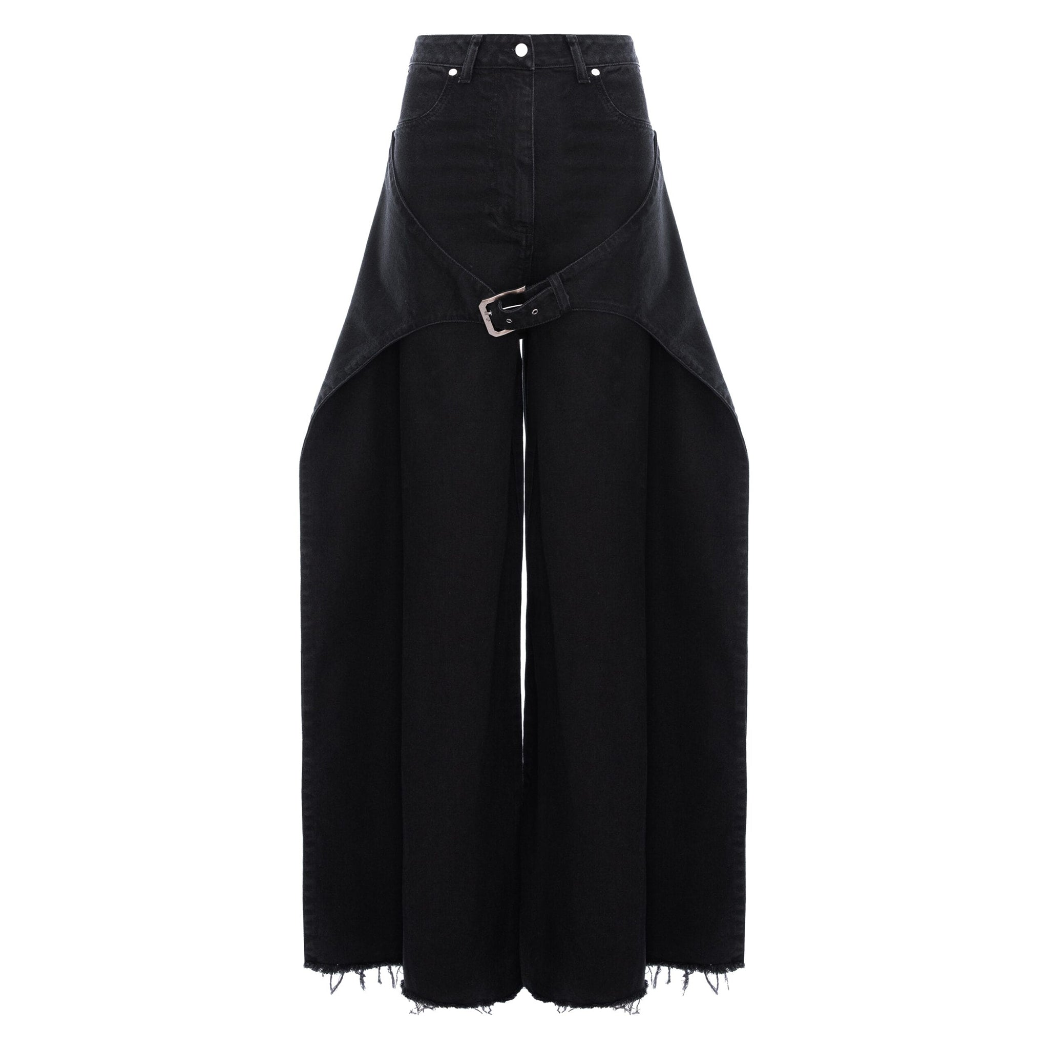 Black wide-leg cropped jeans with a unique wrap-around belt detail and a silver buckle, shown against a plain white background.