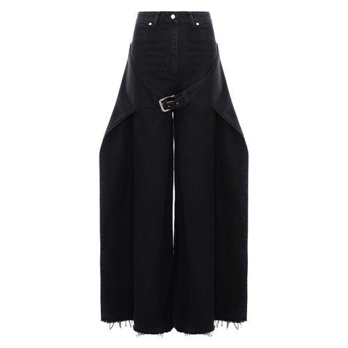 Black wide-leg cropped jeans with a unique wrap-around belt detail and a silver buckle, shown against a plain white background.