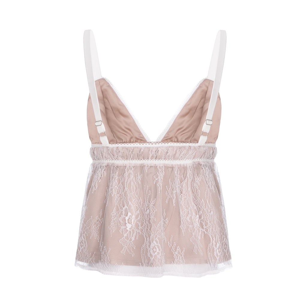 A light pink and white lace babydoll lingerie chemise with adjustable white shoulder straps, displayed on a clean white background.