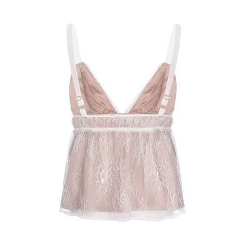 A light pink and white lace babydoll lingerie chemise with adjustable white shoulder straps, displayed on a clean white background.