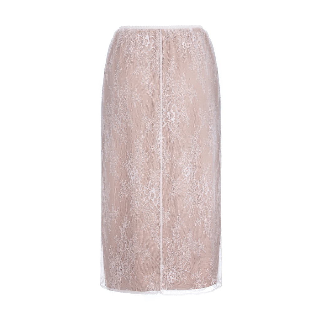 A knee-length skirt featuring a sheer nude-beige mesh overlay with an intricate white floral lace pattern, shown against a plain white background.