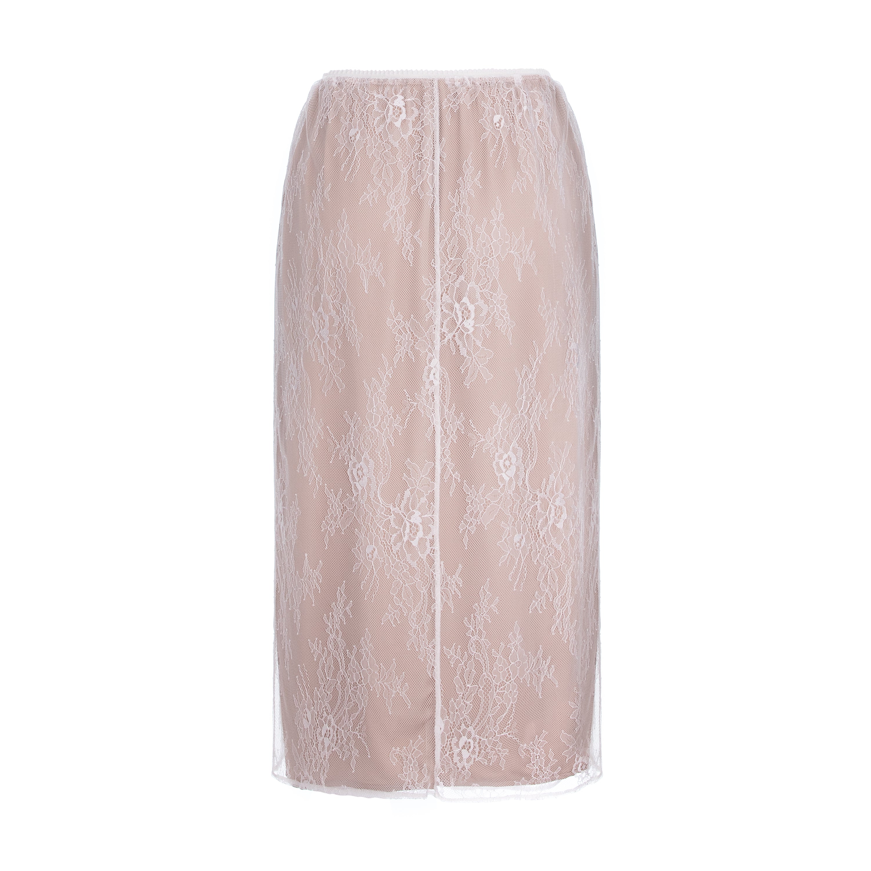 A knee-length skirt featuring a sheer nude-beige mesh overlay with an intricate white floral lace pattern, shown against a plain white background.