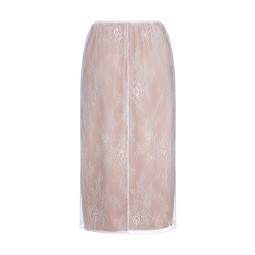 A knee-length skirt featuring a sheer nude-beige mesh overlay with an intricate white floral lace pattern, shown against a plain white background.