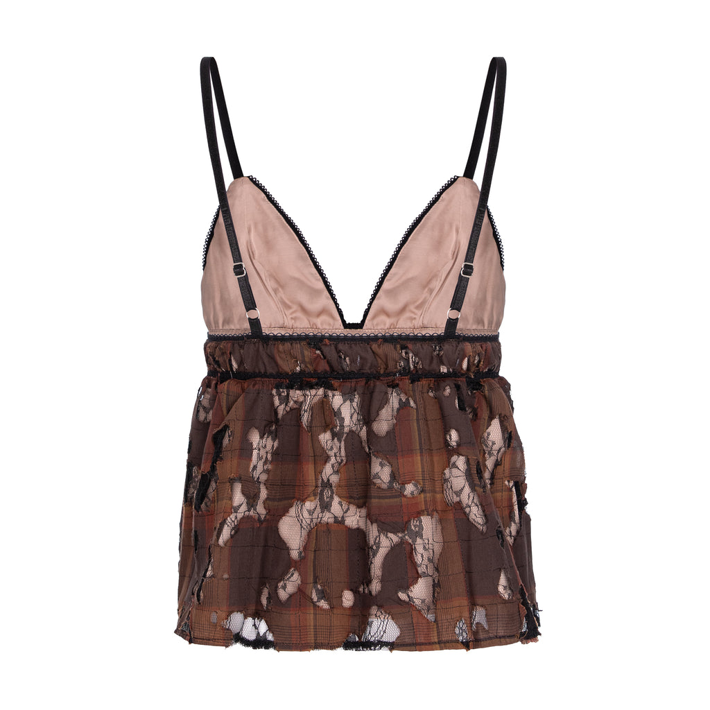 A women's camisole-style top with thin black straps, a pale blush pink satin upper section, and a sheer brown plaid lower section with black lace overlay and distressed edges.