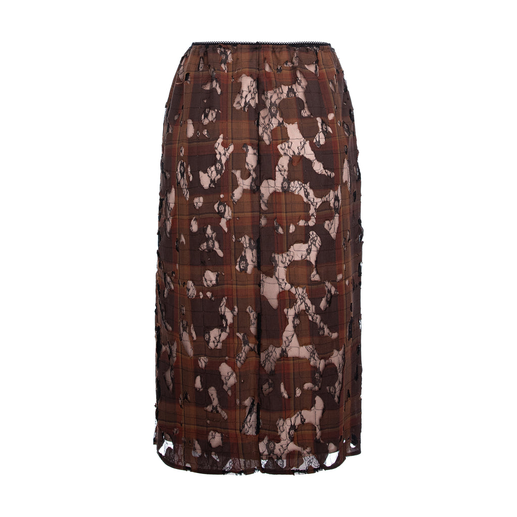 A pleated midi skirt featuring a brown and beige tartan plaid pattern overlaid with a black lace applique, shown against a plain white background.