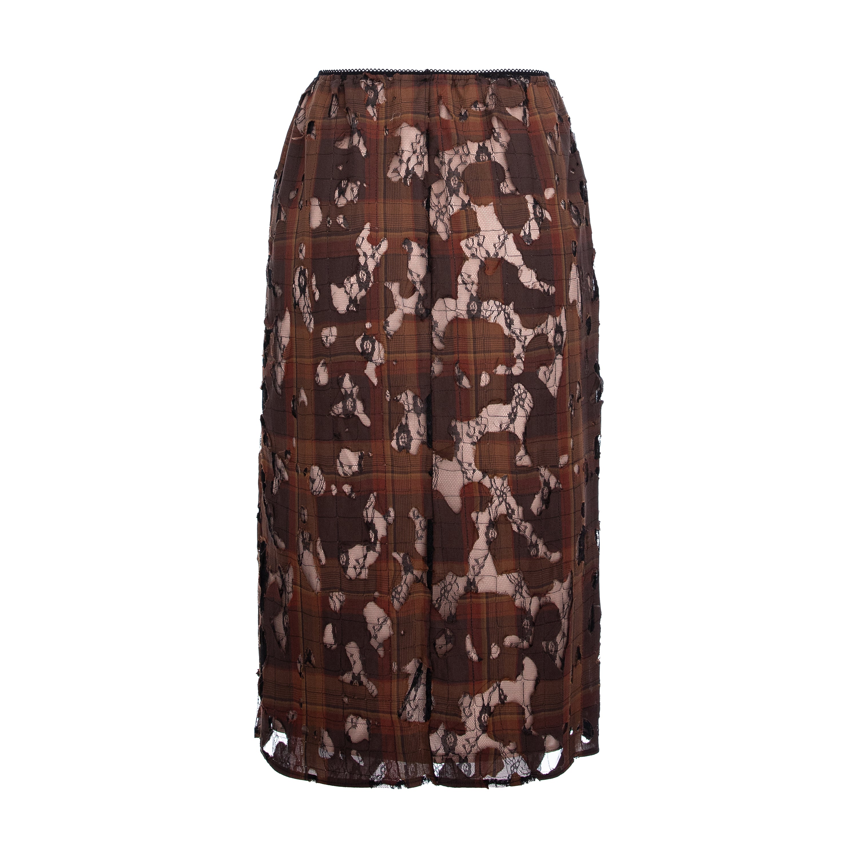 A pleated midi skirt featuring a brown and beige tartan plaid pattern overlaid with a black lace applique, shown against a plain white background.