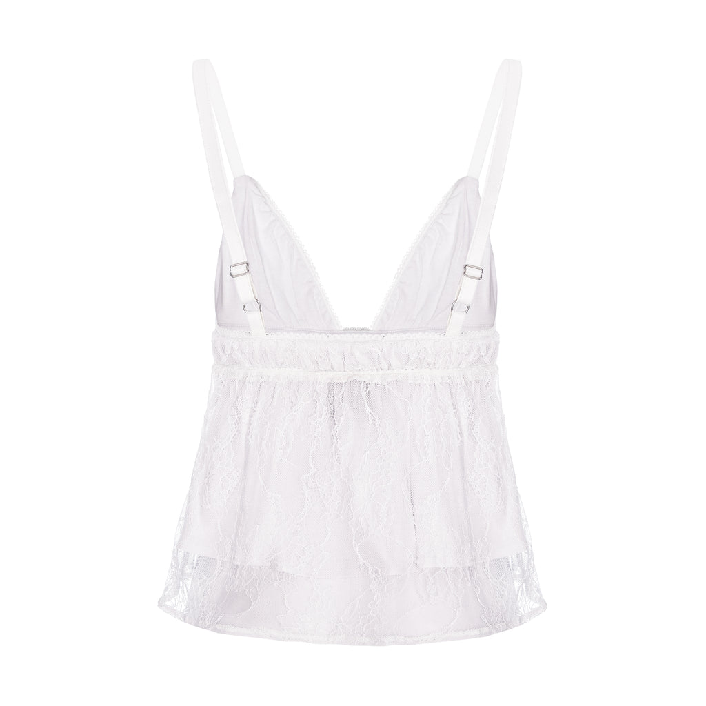 White lace camisole top with adjustable shoulder straps and a ruffled tiered hem, shown on a plain white background.
