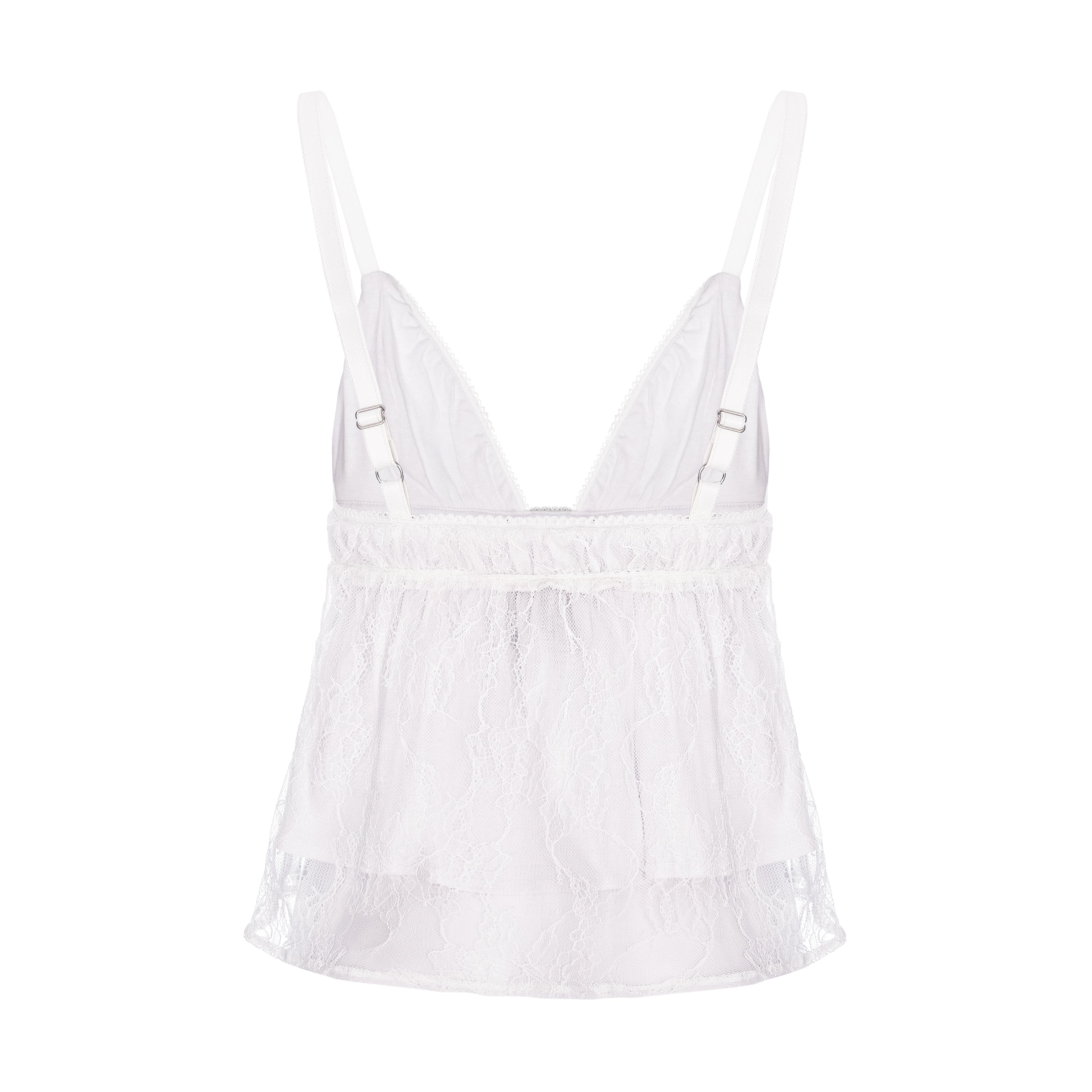 White lace camisole top with adjustable shoulder straps and a ruffled tiered hem, shown on a plain white background.