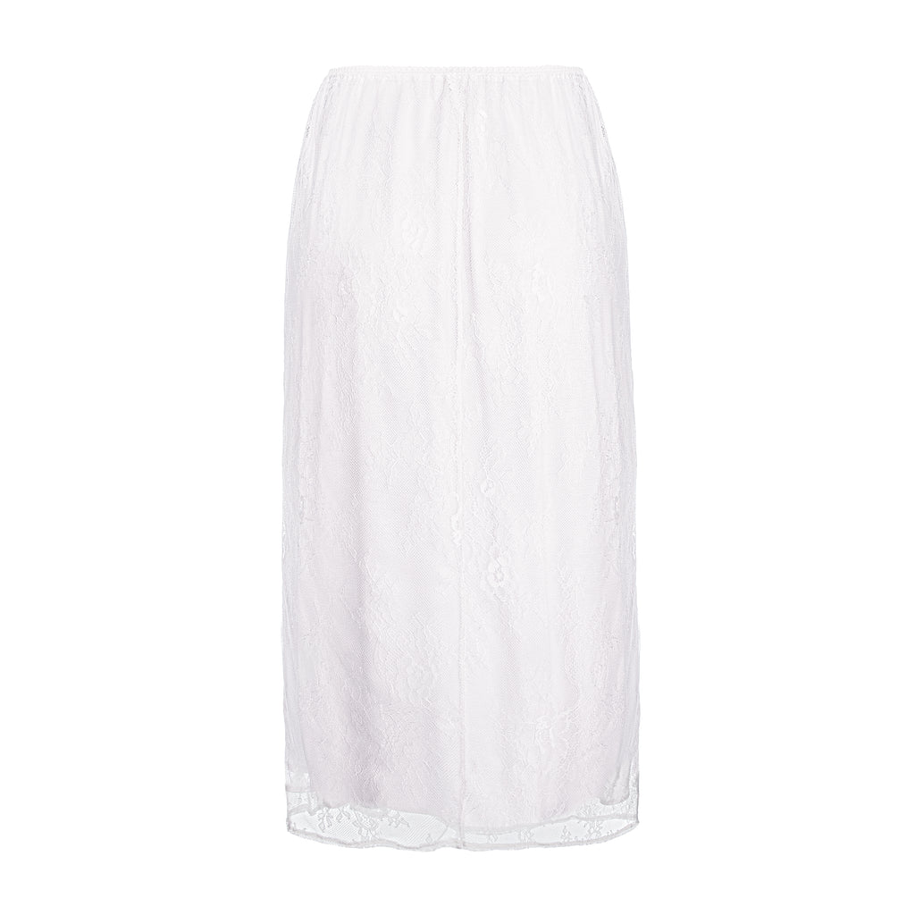 A white midi skirt made of sheer lace fabric with a scalloped edge, shown against a plain white background.