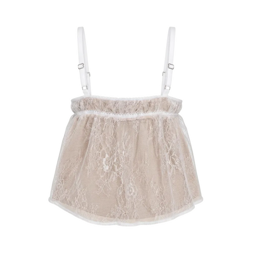 A light beige lace camisole top with white adjustable shoulder straps and a ruffled waistband, shown against a plain white background.