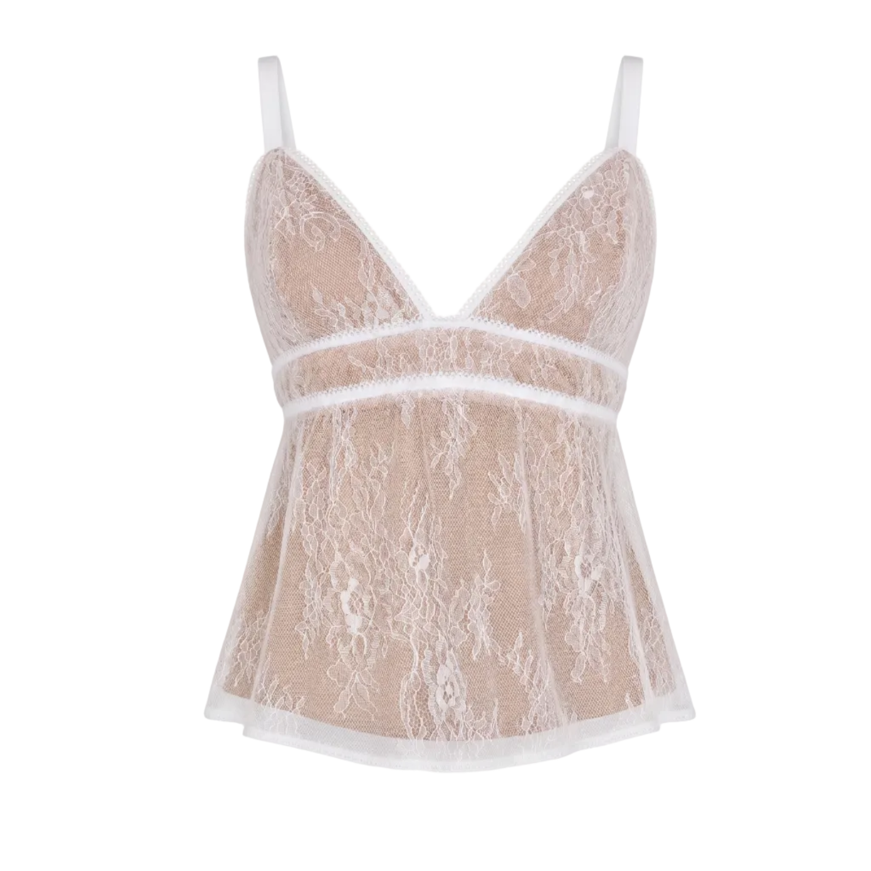 A beige lace camisole top with white trim and thin shoulder straps, shown against a plain white background.