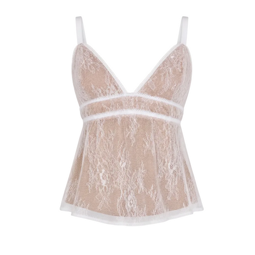 A beige lace camisole top with white trim and thin shoulder straps, shown against a plain white background.