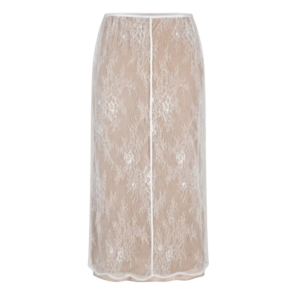 A beige lace midi skirt with white floral embroidery and a white center trim, shown against a plain white background.