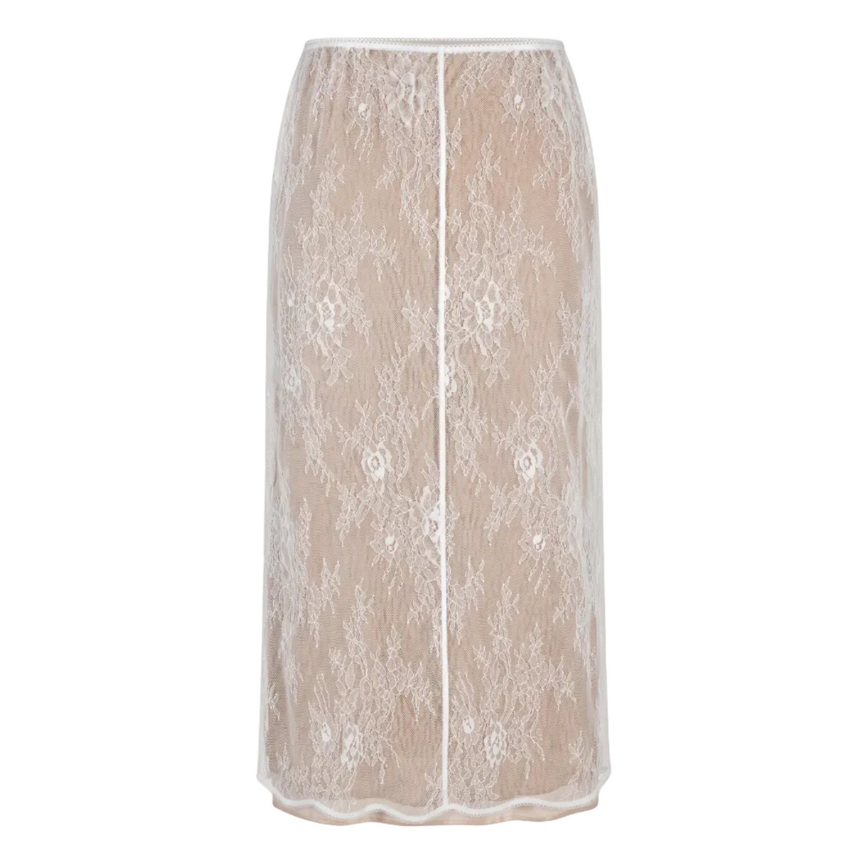 A beige lace midi skirt with white floral embroidery and a white center trim, shown against a plain white background.