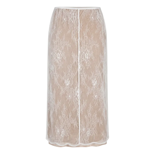 A beige lace midi skirt with white floral embroidery and a white center trim, shown against a plain white background.