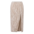 A beige lace straight skirt with a front slit, shown against a plain white background.