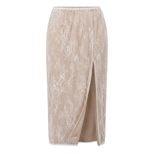 A beige lace straight skirt with a front slit, shown against a plain white background.