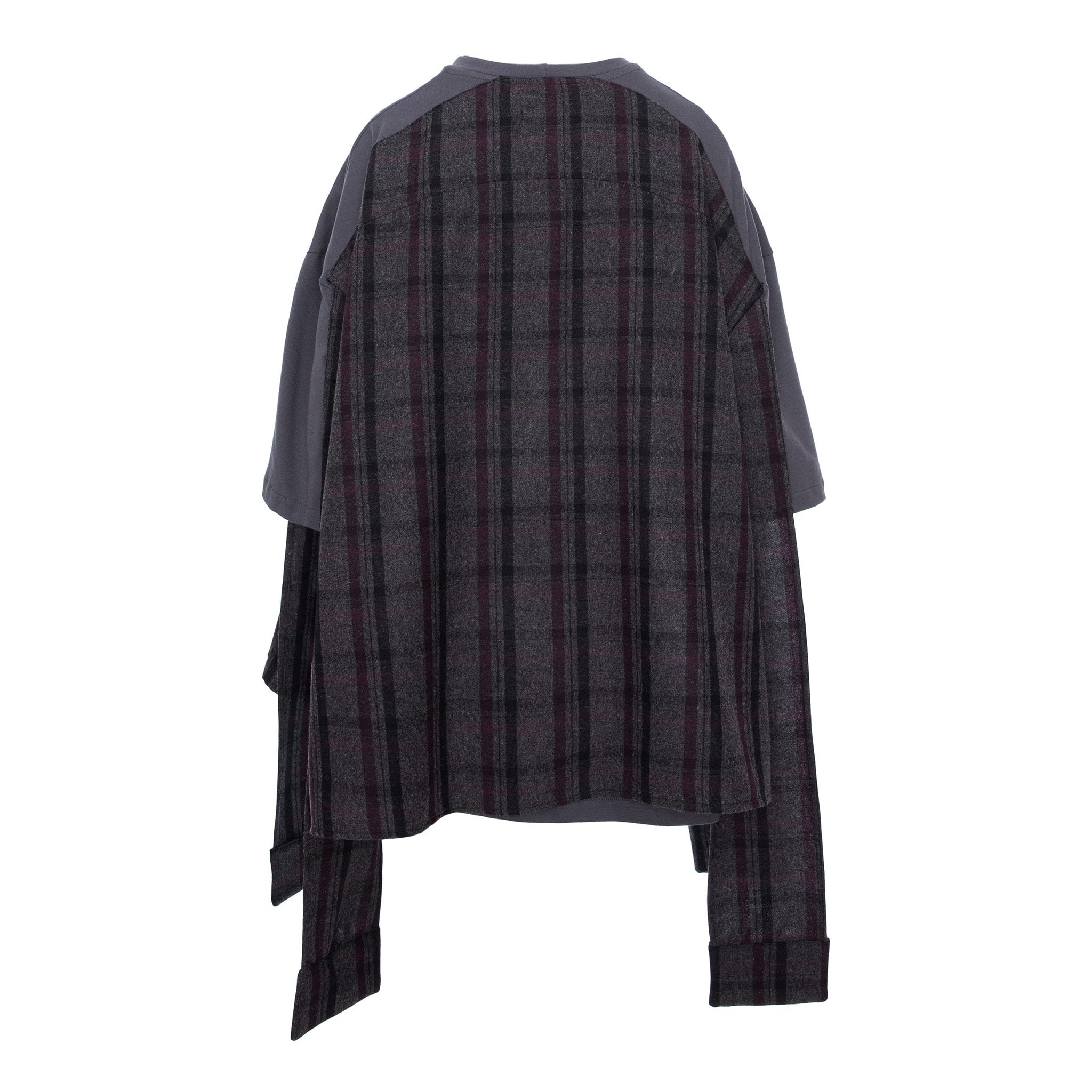 A dark gray and black plaid poncho-style top with solid dark gray sleeves, shown from the back against a plain white background.