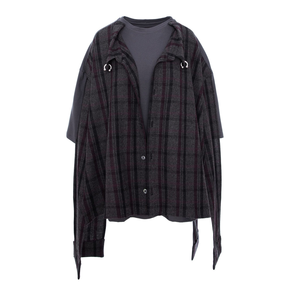A dark gray and black plaid button-up shirt jacket with a hood, featuring silver metal D-rings on the hood and a dark gray t-shirt layered underneath, shown against a plain white background.