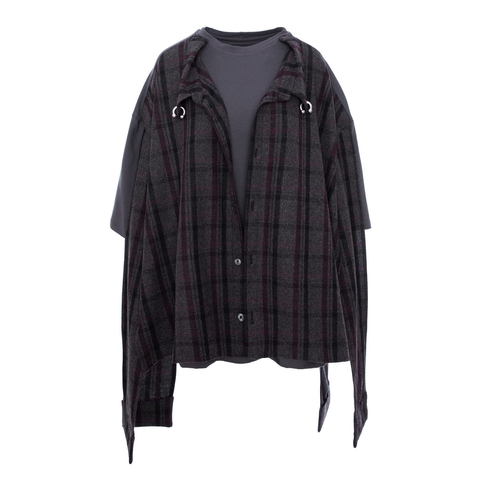 A dark gray and black plaid button-up shirt jacket with a hood, featuring silver metal D-rings on the hood and a dark gray t-shirt layered underneath, shown against a plain white background.