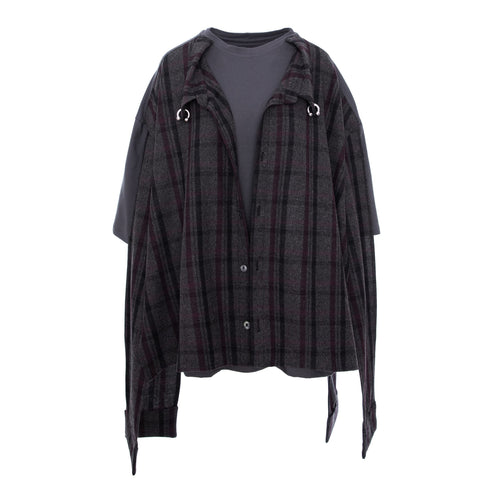A dark gray and black plaid button-up shirt jacket with a hood, featuring silver metal D-rings on the hood and a dark gray t-shirt layered underneath, shown against a plain white background.