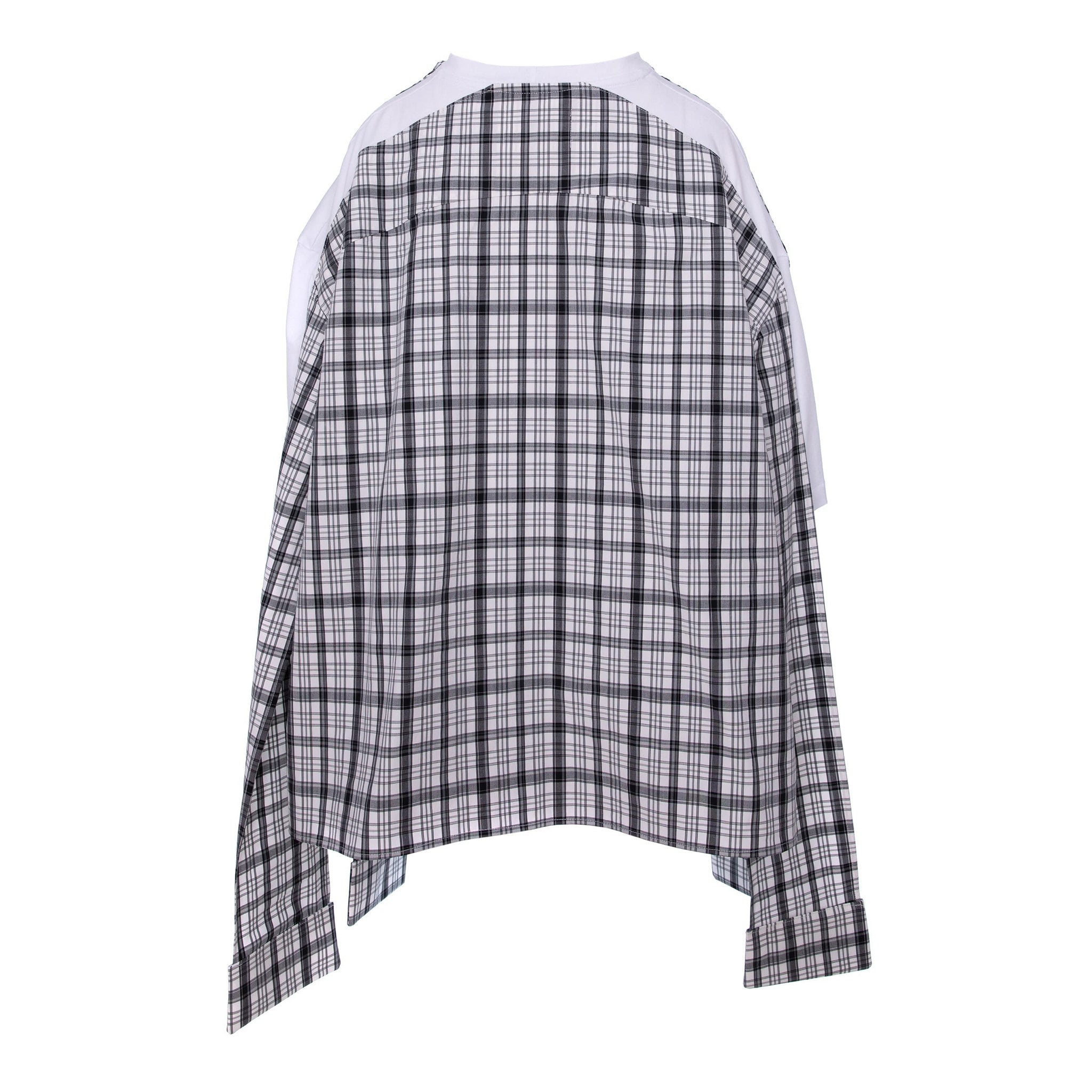 A long-sleeve plaid shirt with a black, white, and gray checkered pattern, featuring contrasting solid white shoulder yokes and a high-low hemline.