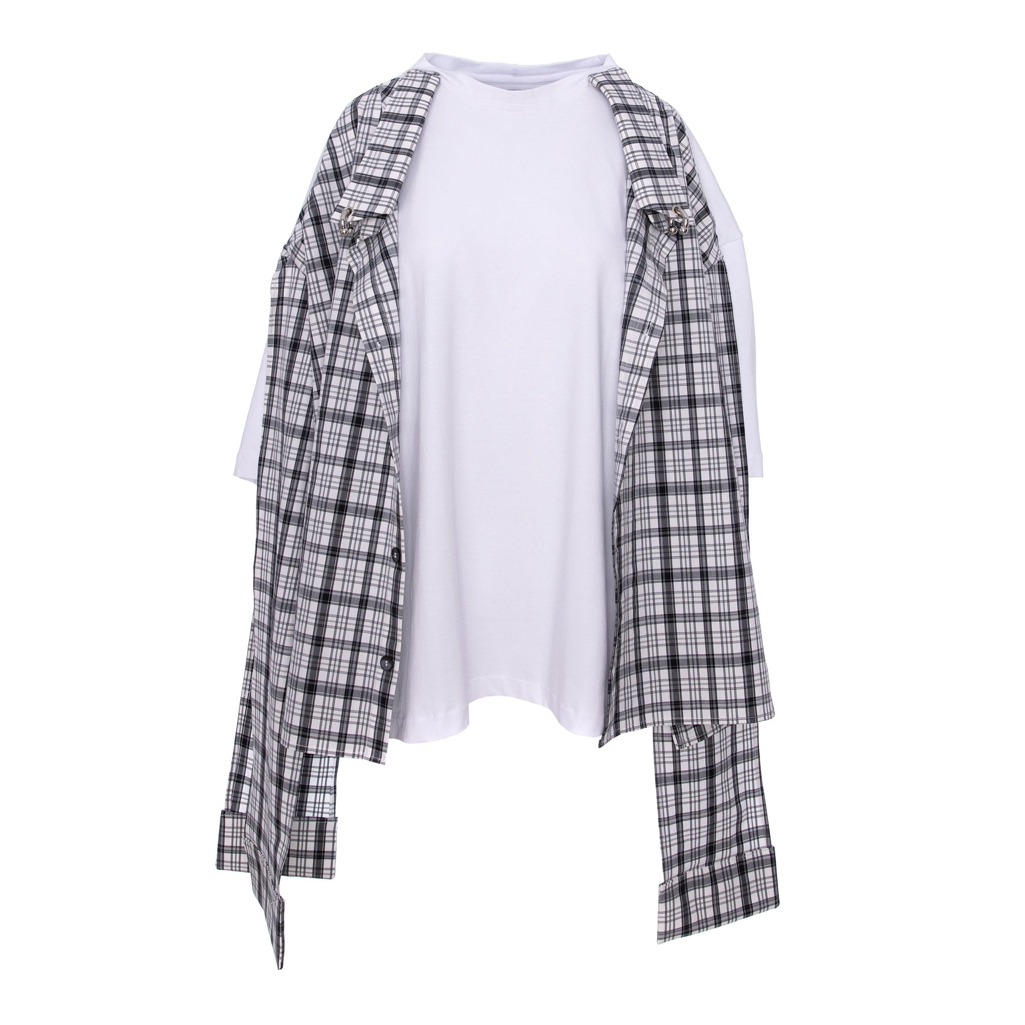 A black and white plaid shirt jacket styled open over a white t-shirt, presented on a clean white background.