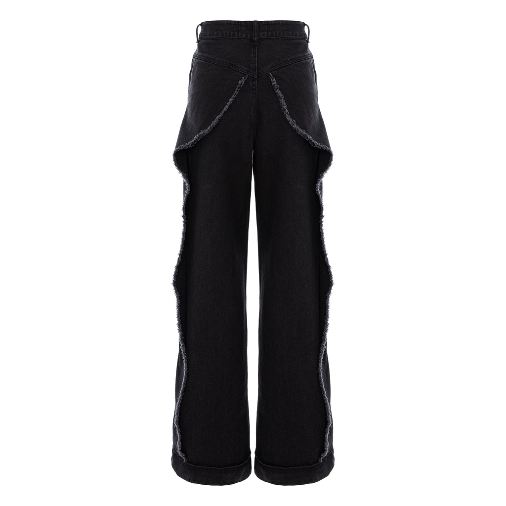 Black wide-leg cropped pants with unique draped flap details on the upper thighs and raw-edge trim along the sides, shown against a plain white background.
