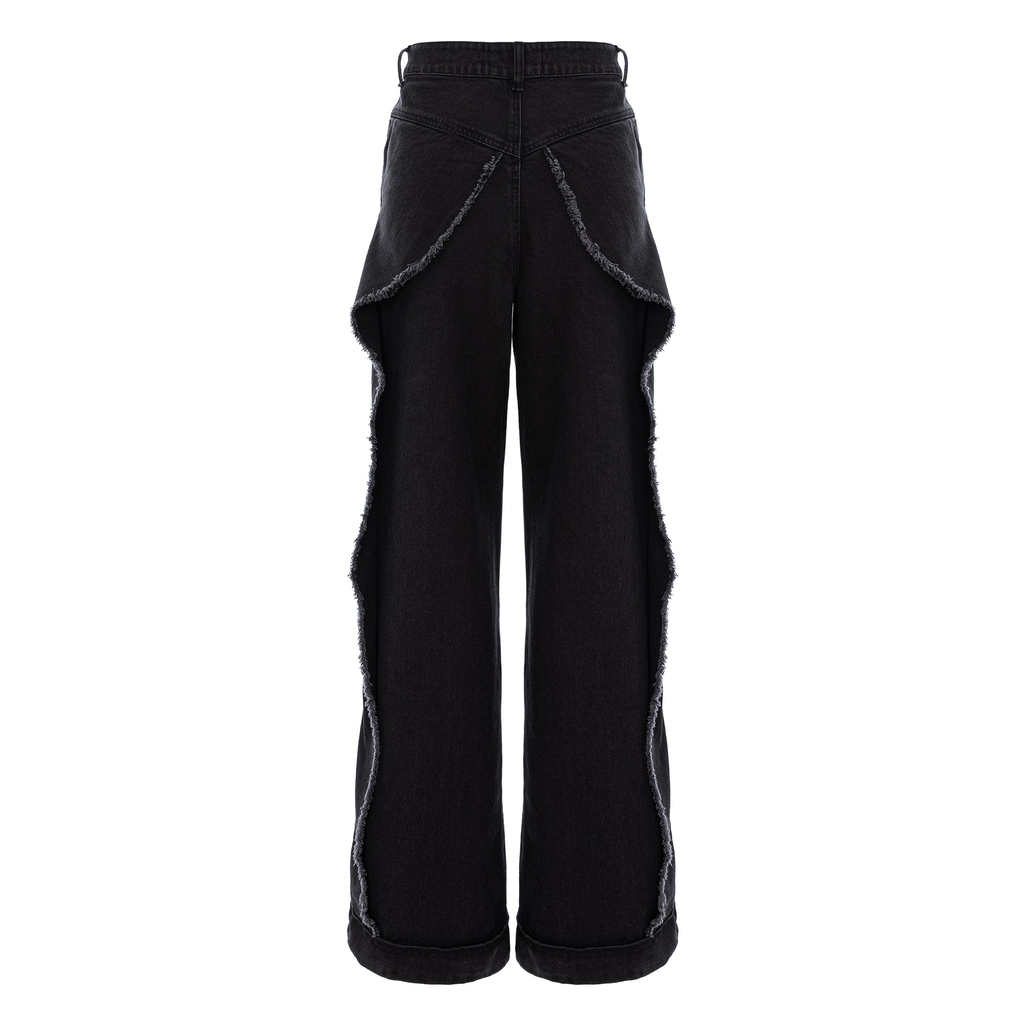 Black wide-leg cropped pants with unique draped flap details on the upper thighs and raw-edge trim along the sides, shown against a plain white background.