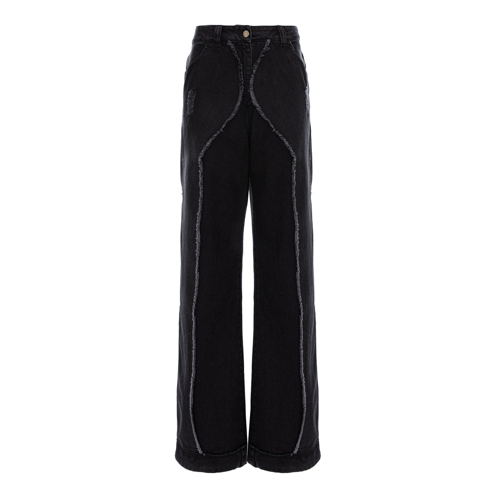 Black wide-leg denim pants with prominent contrast stitching running down the front of the legs, shown against a plain white background.