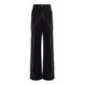 Black wide-leg denim pants with prominent contrast stitching running down the front of the legs, shown against a plain white background.