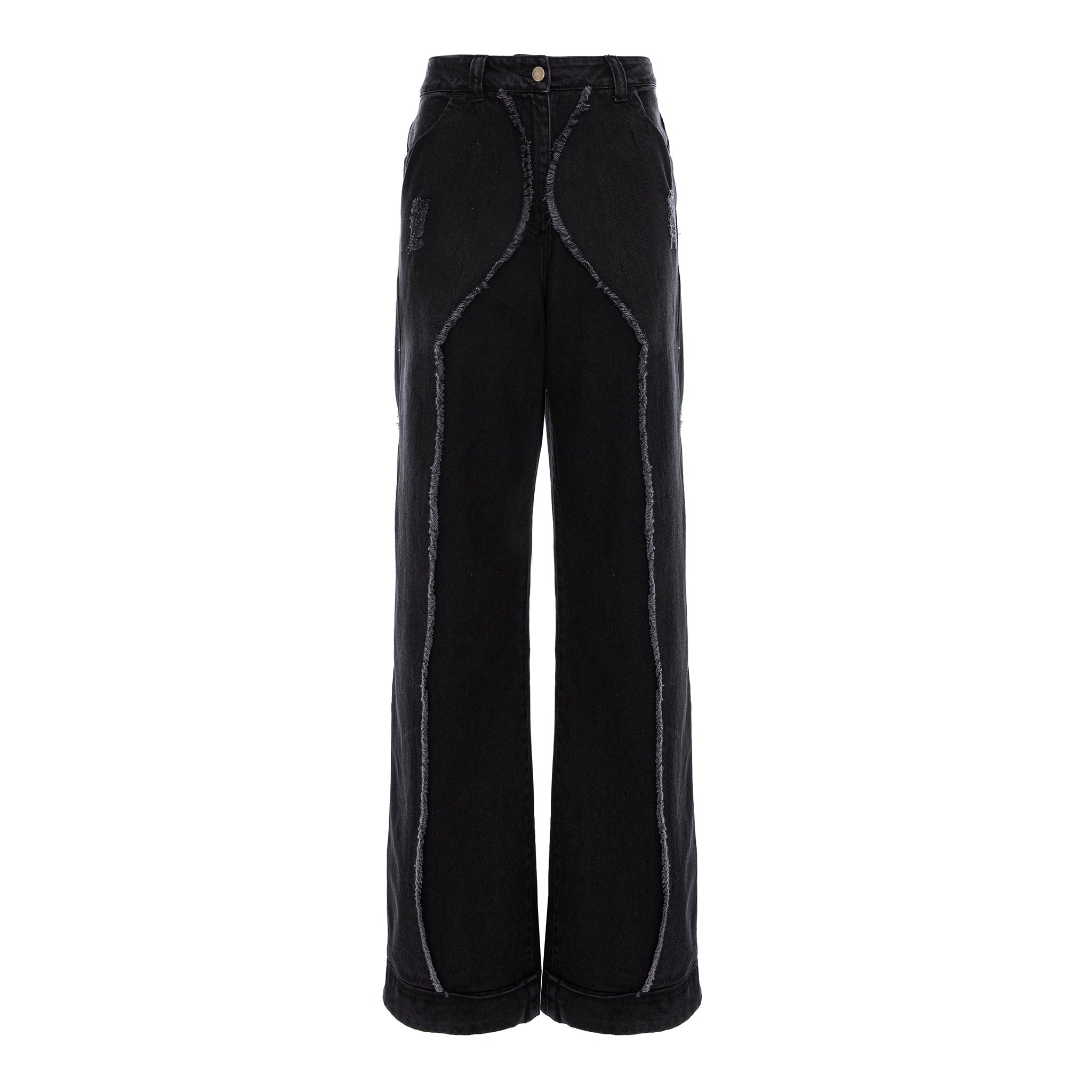 Black wide-leg denim pants with prominent contrast stitching running down the front of the legs, shown against a plain white background.