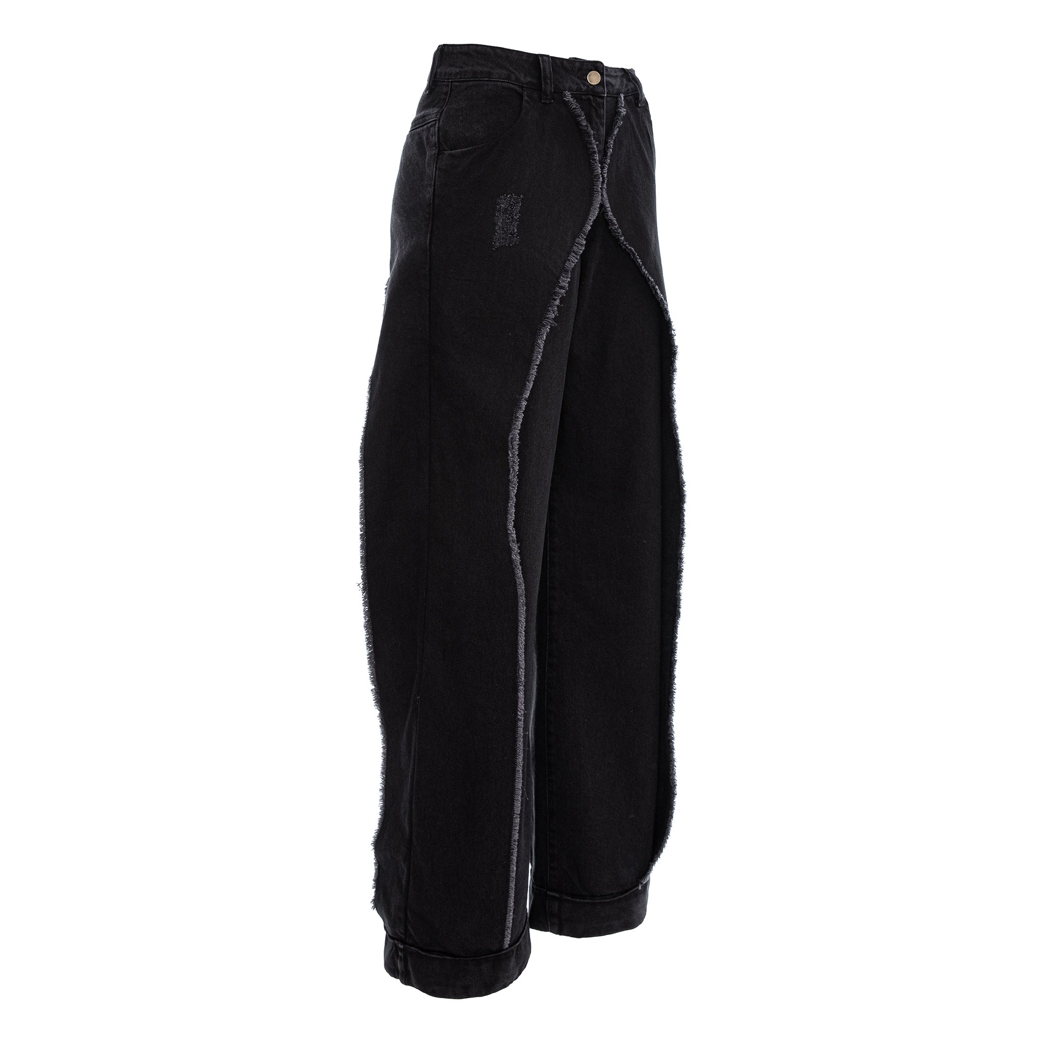 Black wide-leg denim pants with raw, frayed cut edges running down the sides and a small distressed patch on the upper left leg, shown against a plain white background.