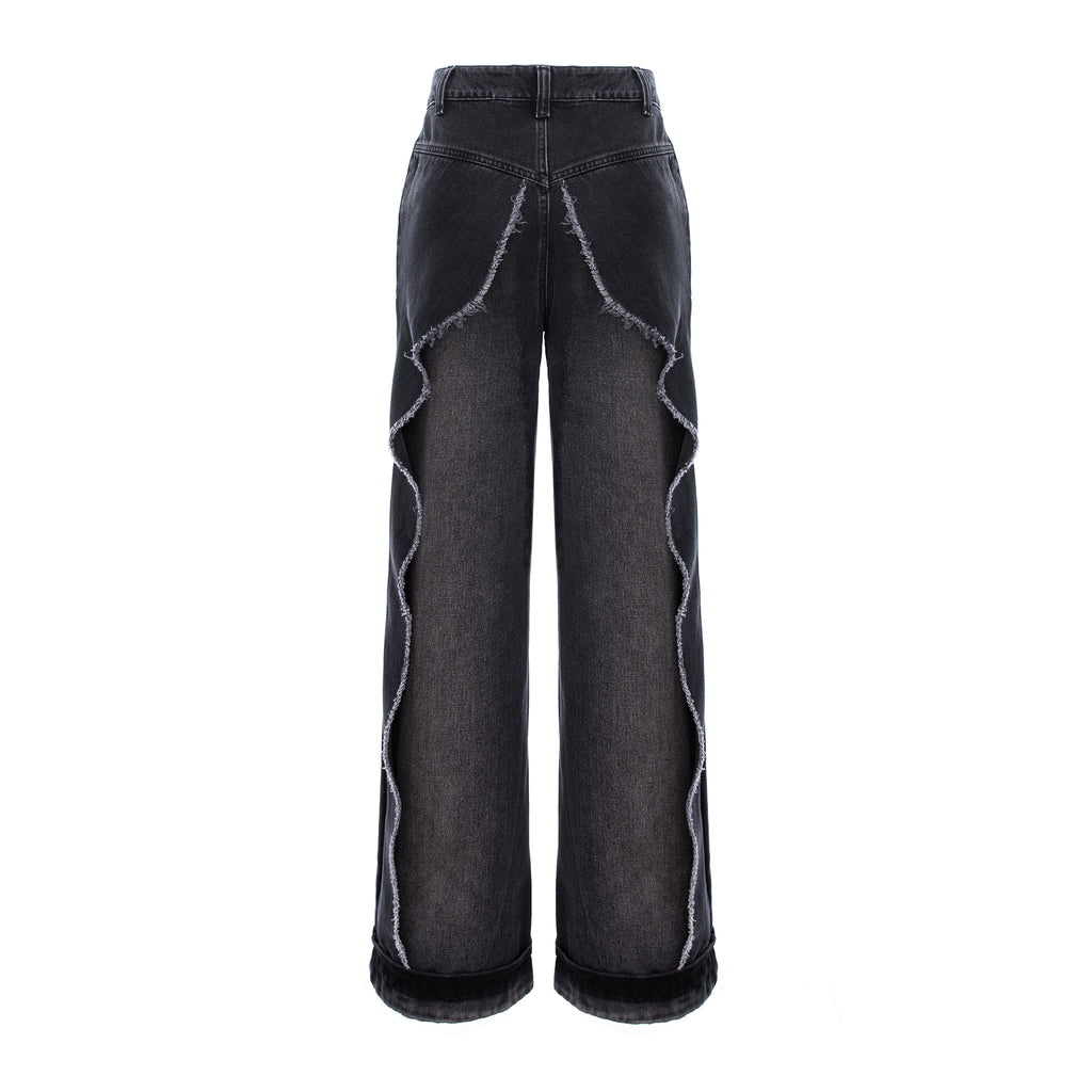 Black wide-leg denim jeans with distinctive wavy cut-edge seams running down the outer sides of the legs, shown against a plain white background.