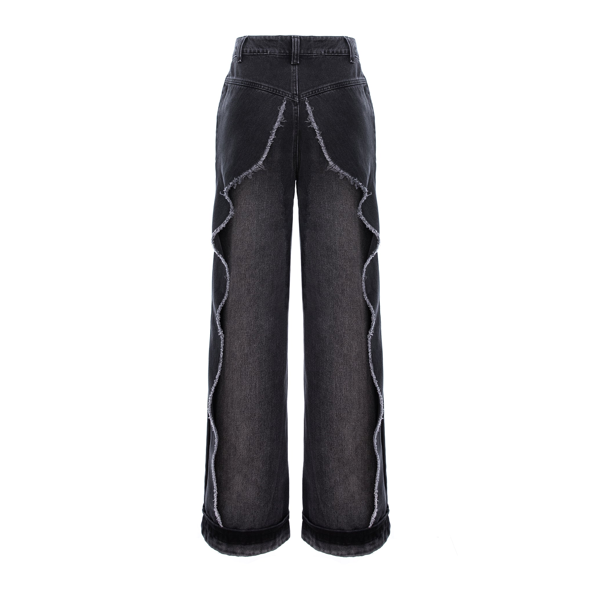 Black wide-leg denim jeans with distinctive wavy cut-edge seams running down the outer sides of the legs, shown against a plain white background.