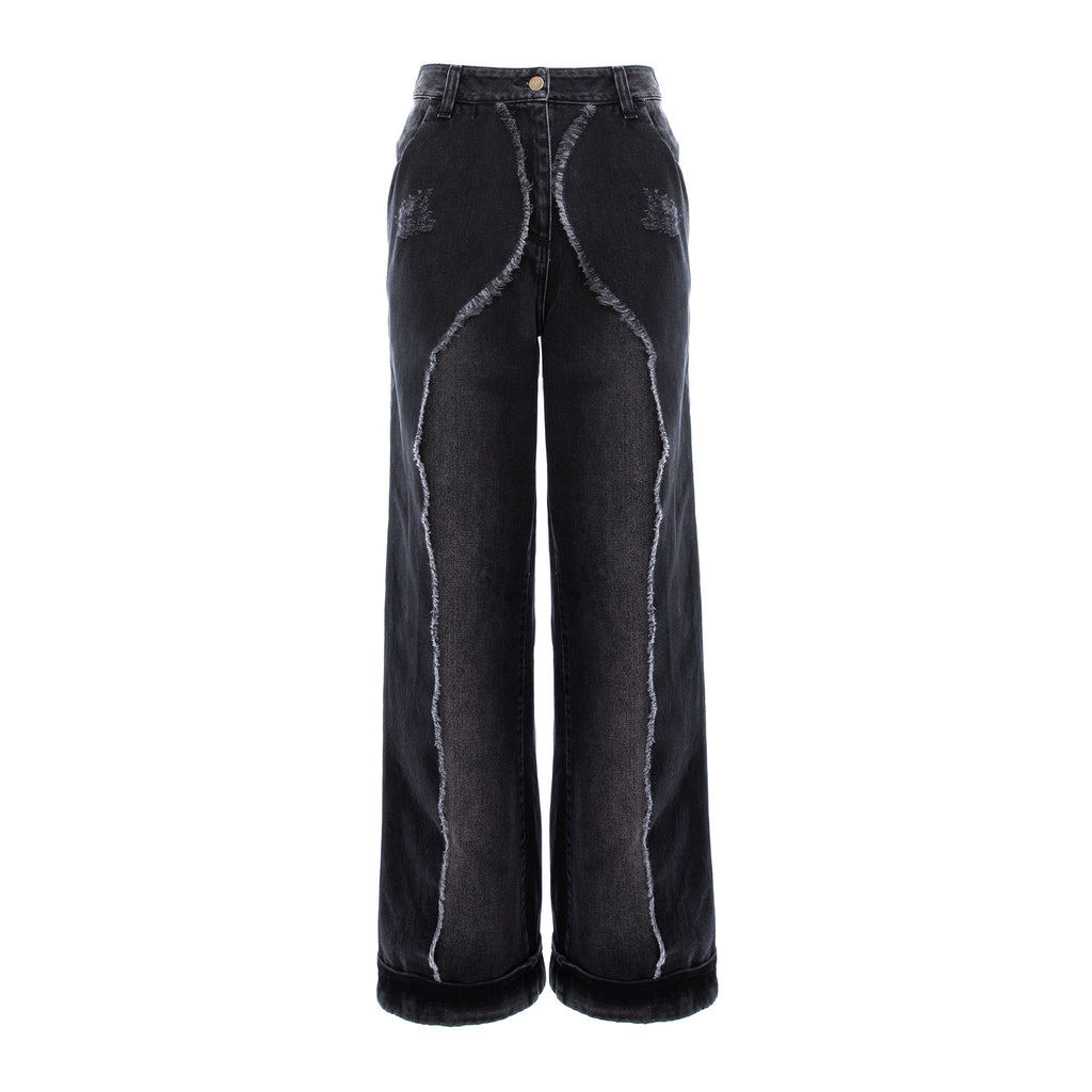A pair of wide-leg cropped jeans in washed black denim, featuring raw, frayed seam detailing running down the front of each leg and a raw hem, shown against a plain white background.