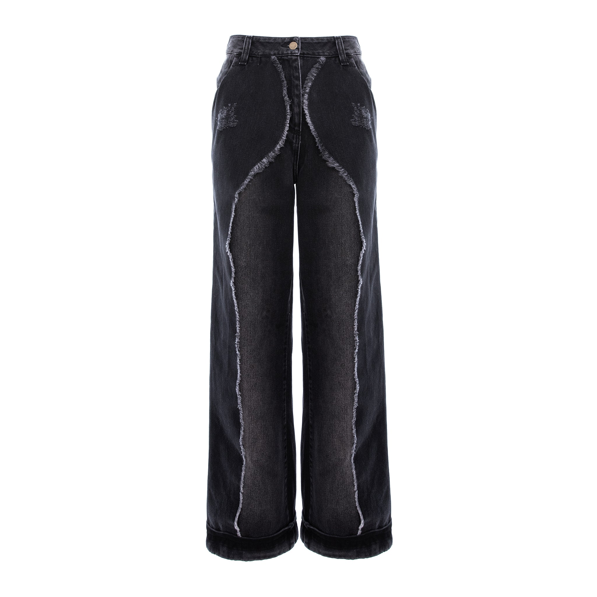 A pair of wide-leg cropped jeans in washed black denim, featuring raw, frayed seam detailing running down the front of each leg and a raw hem, shown against a plain white background.