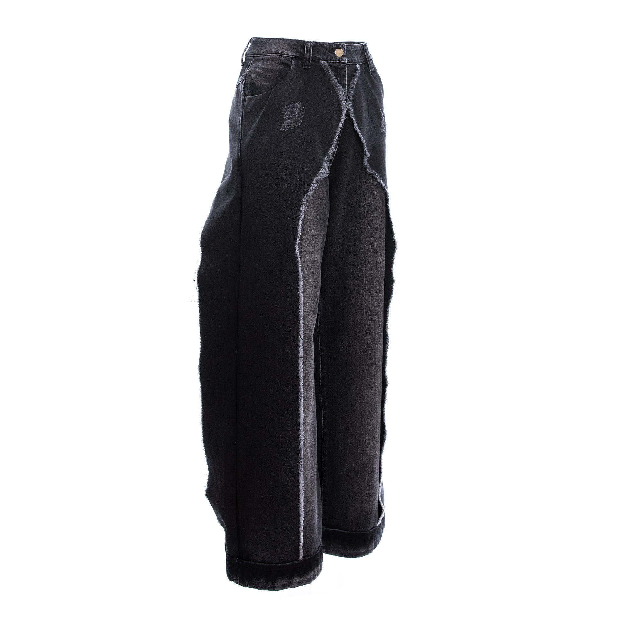 Black wide-leg denim pants with raw, frayed edges and contrast stitching details, shown against a plain white background.