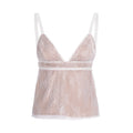 A light pink lace camisole top with white straps and a white lace trim, displayed against a solid white background.
