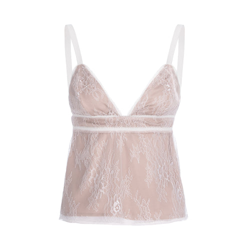 A light pink lace camisole top with white straps and a white lace trim, displayed against a solid white background.