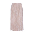 A midi-length skirt in a sheer blush pink lace with white floral embroidery, shown against a plain white background.