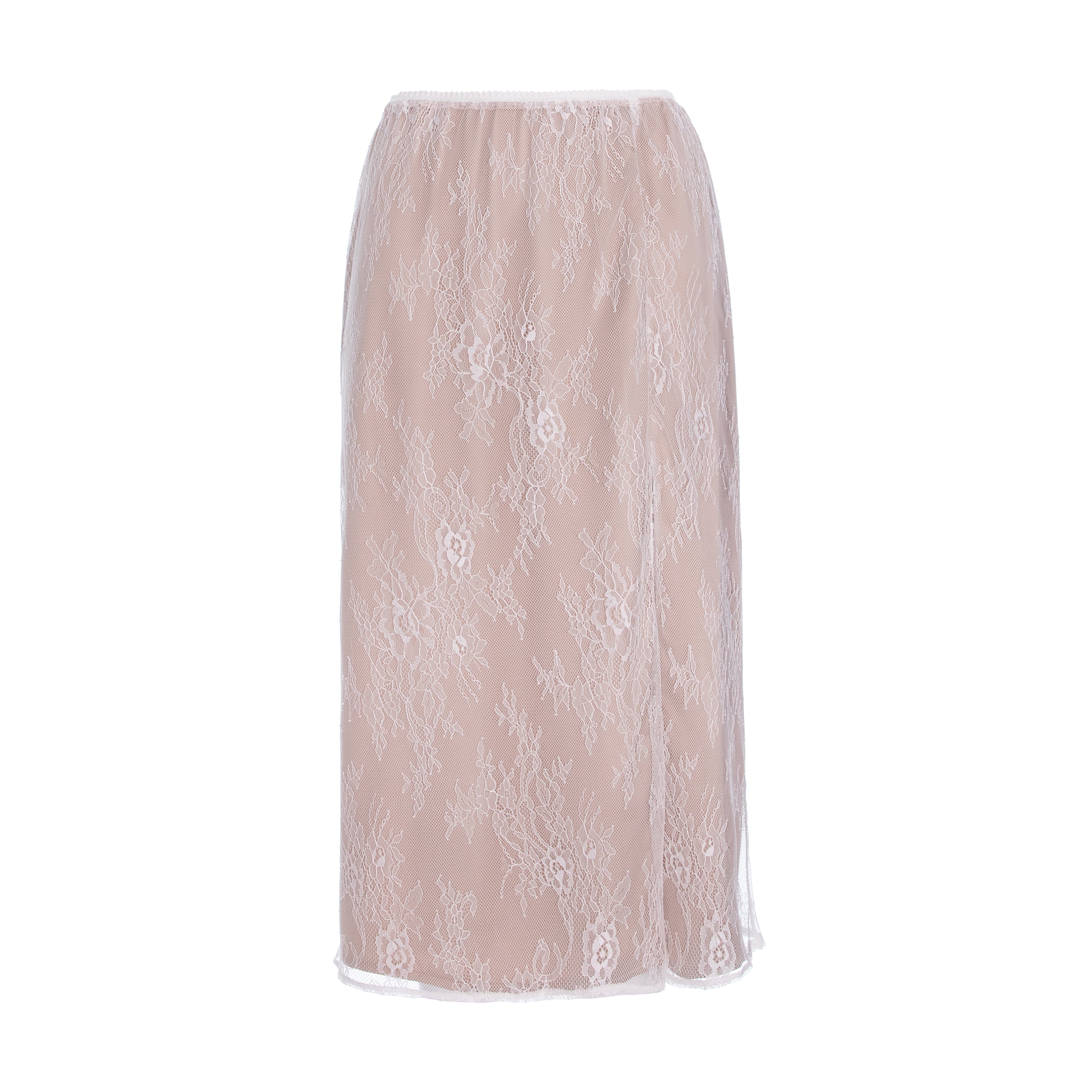A midi-length skirt in a sheer blush pink lace with white floral embroidery, shown against a plain white background.