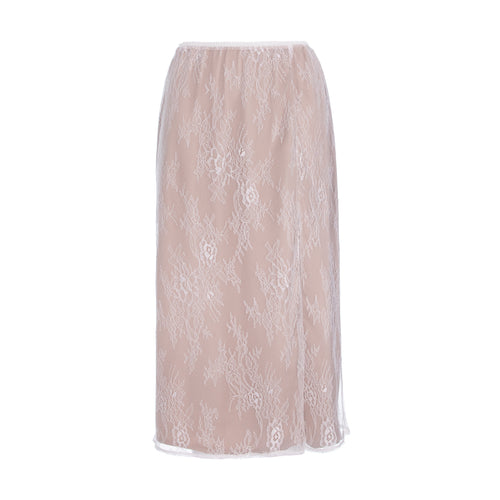 A midi-length skirt in a sheer blush pink lace with white floral embroidery, shown against a plain white background.
