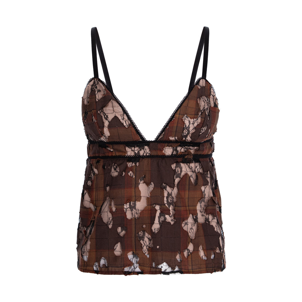 A brown and beige abstract patterned camisole top with black straps and black lace trim, shown against a plain white background.