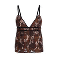 A brown and beige abstract patterned camisole top with black straps and black lace trim, shown against a plain white background.