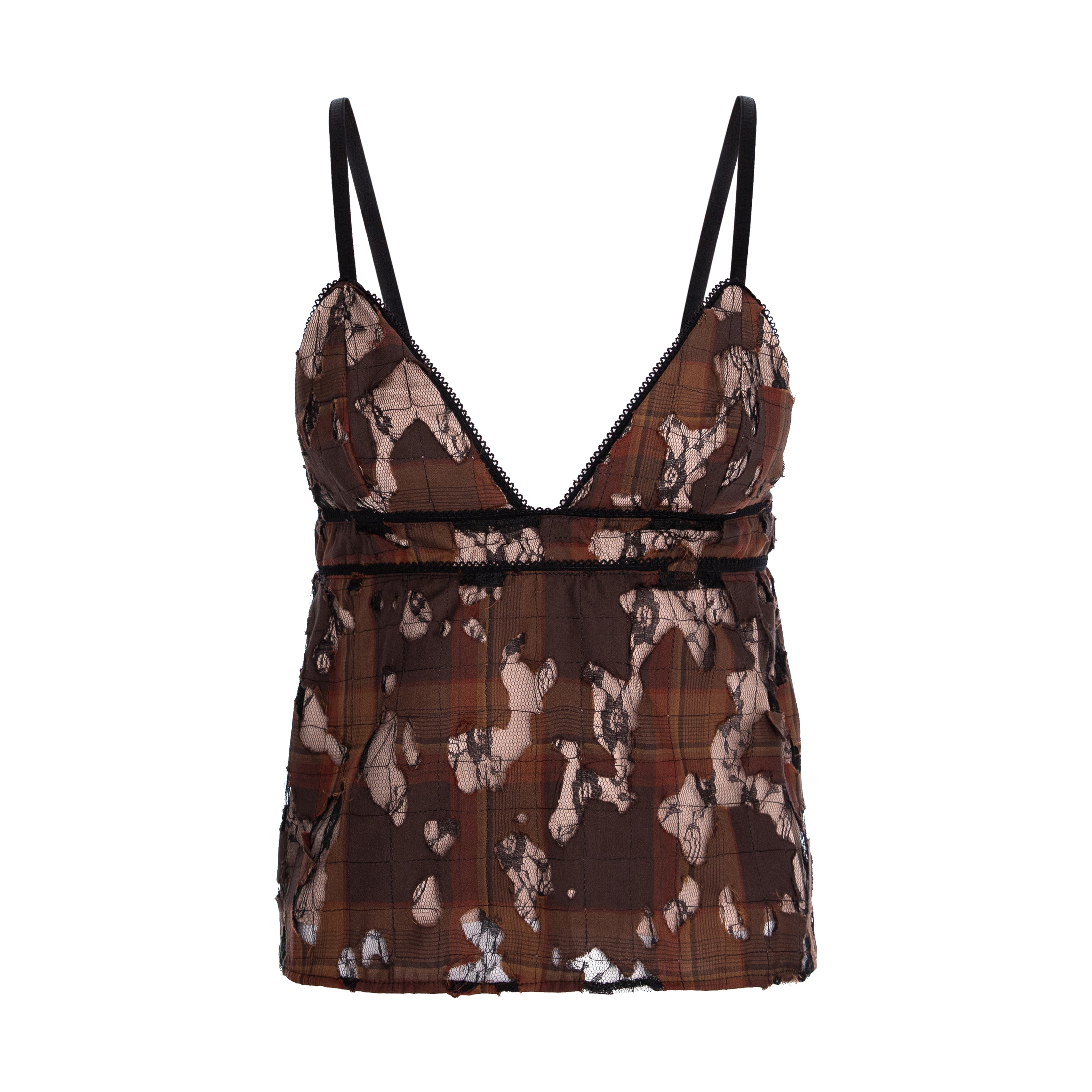 A brown and beige abstract patterned camisole top with black straps and black lace trim, shown against a plain white background.