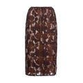 A knee-length skirt with an abstract, organic splatter pattern in shades of brown, beige, and black, set against a plain white background.