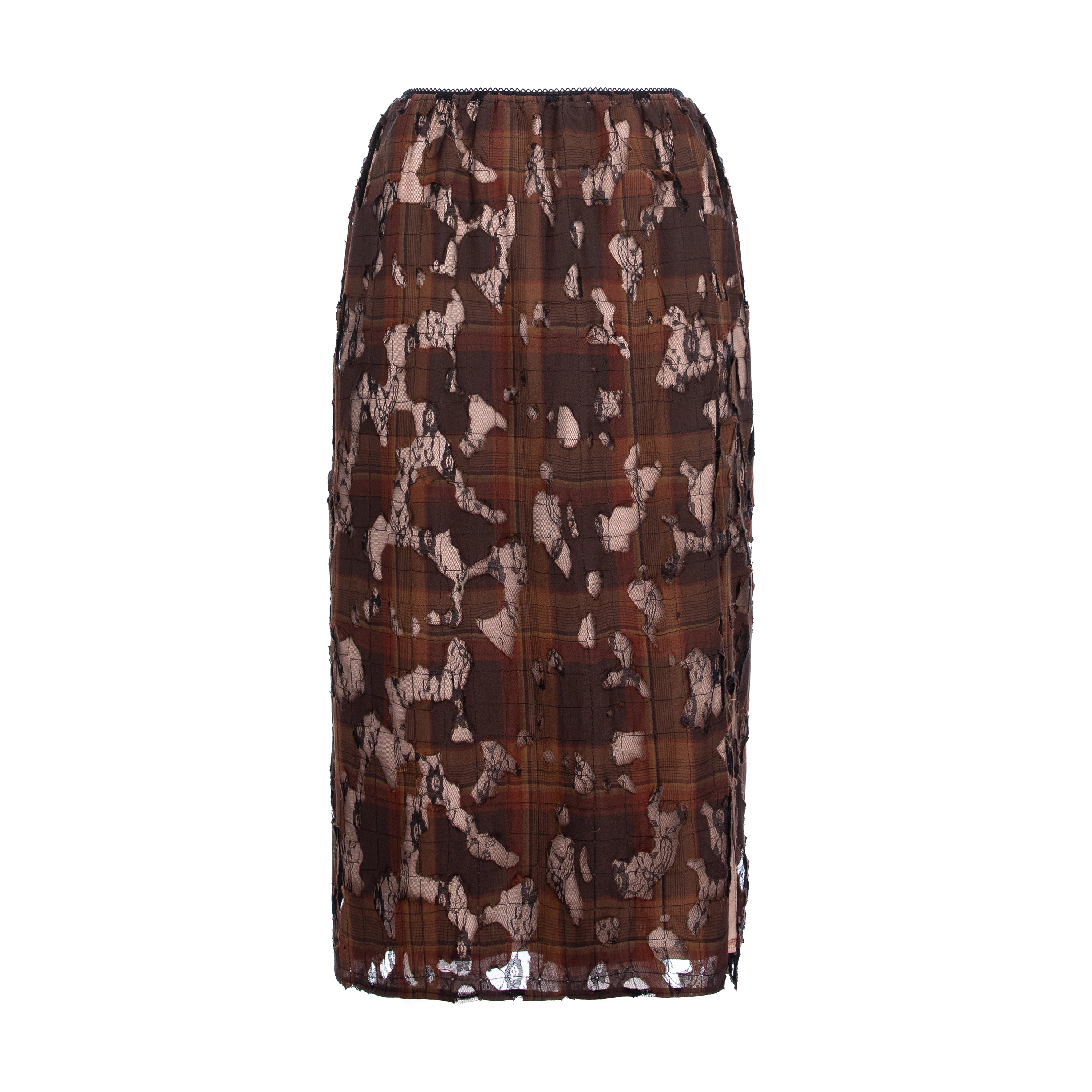 A knee-length skirt with an abstract, organic splatter pattern in shades of brown, beige, and black, set against a plain white background.